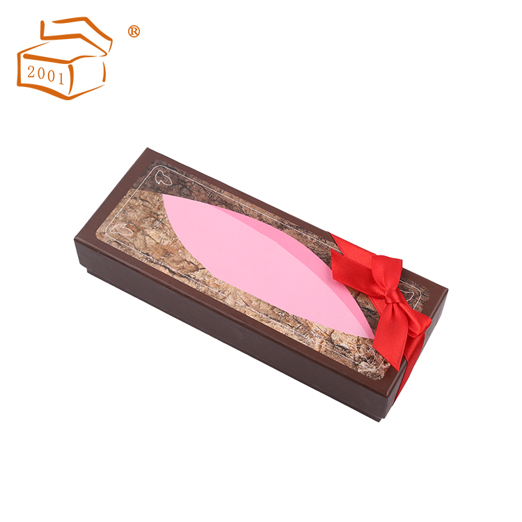 Lid and base chocolate paper gift box with ribbon