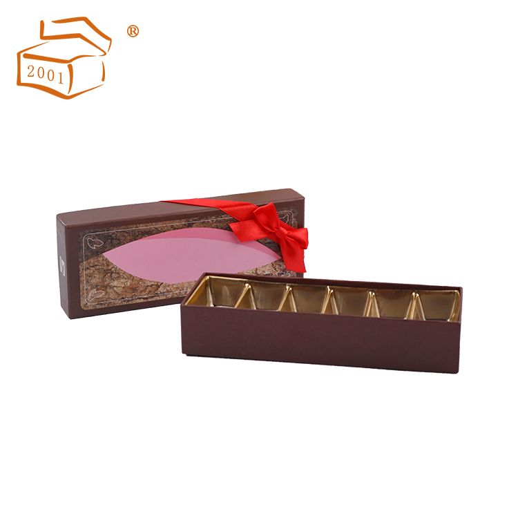 Lid and base chocolate paper gift box with ribbon